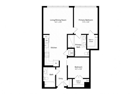 Floor plan for 2 beds, 2 baths, 933 sqft